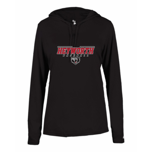 Load image into Gallery viewer, Heyworth Swarm - Baseball - Ladies LS Performance Tee with Hood
