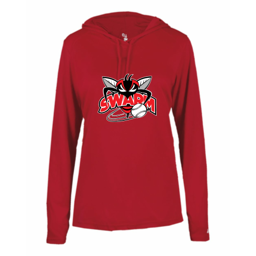 Load image into Gallery viewer, Heyworth Swarm - Ladies LS Performance Tee with Hood
