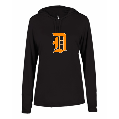 Load image into Gallery viewer, Delaware Jr. Pacers - Ladies LS Performance Tee with Hood
