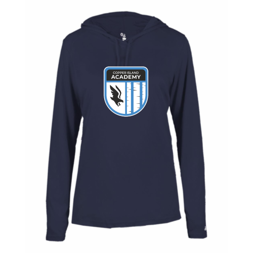 Copper Island Academy - Ladies LS Performance Tee with Hood