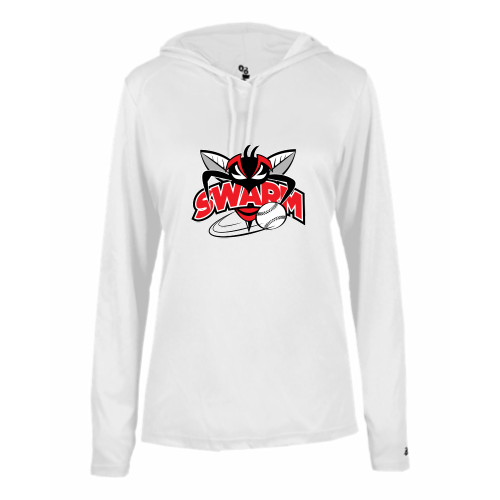 Load image into Gallery viewer, Heyworth Swarm - Ladies LS Performance Tee with Hood
