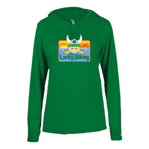 Load image into Gallery viewer, The Lucky Viking -  Ladies LS Performance Tee with Hood
