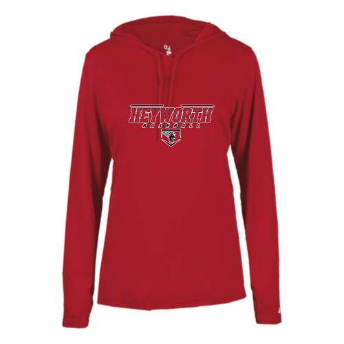 Load image into Gallery viewer, Heyworth Swarm - Baseball - Ladies LS Performance Tee with Hood
