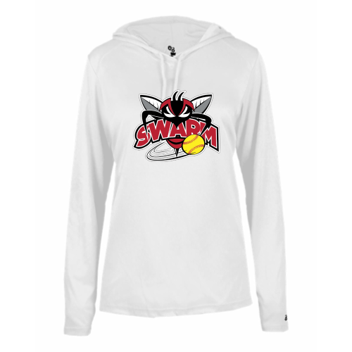 Load image into Gallery viewer, Heyworth Swarm - SoftBall - Ladies LS Performance Tee with Hood
