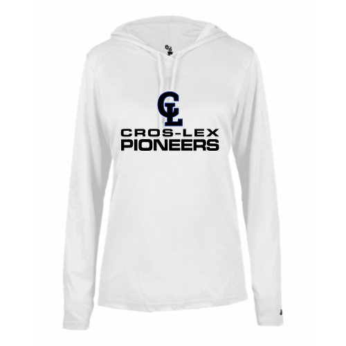 Load image into Gallery viewer, Cros-Lex Pioneers - Ladies LS Performance Tee with Hood
