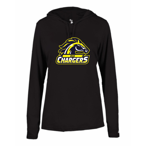 Load image into Gallery viewer, DCA Chargers - Ladies LS Performance Tee with Hood
