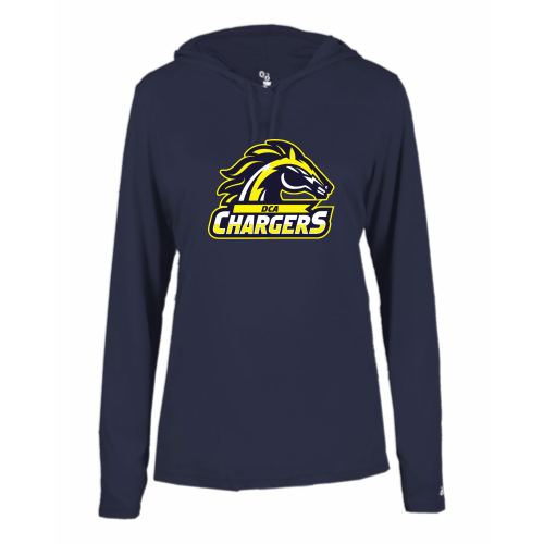 Load image into Gallery viewer, DCA Chargers - Ladies LS Performance Tee with Hood
