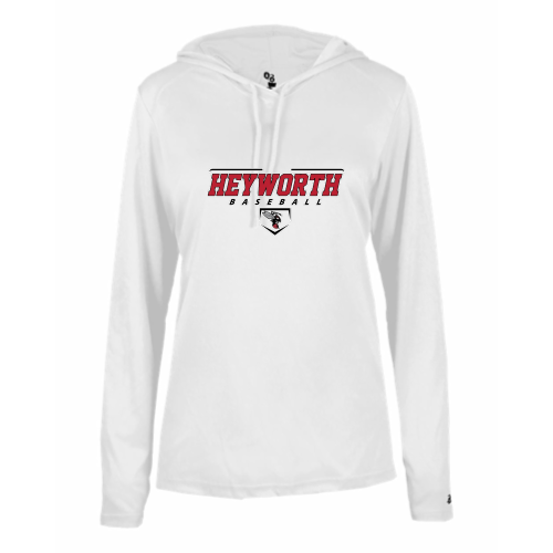 Load image into Gallery viewer, Heyworth Swarm - Baseball - Ladies LS Performance Tee with Hood
