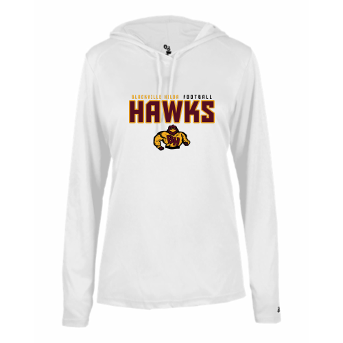 Load image into Gallery viewer, Blackville Hilda Football - Ladies LS Performance Tee with Hood
