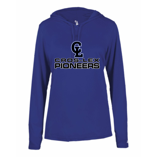 Load image into Gallery viewer, Cros-Lex Pioneers - Ladies LS Performance Tee with Hood
