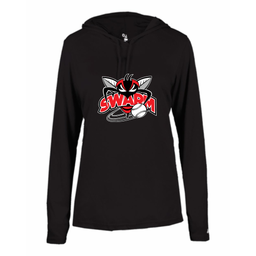 Load image into Gallery viewer, Heyworth Swarm - Ladies LS Performance Tee with Hood
