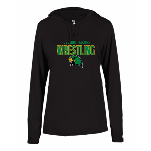 Huguenot Wrestling - Ladies LS Performance Tee with Hood